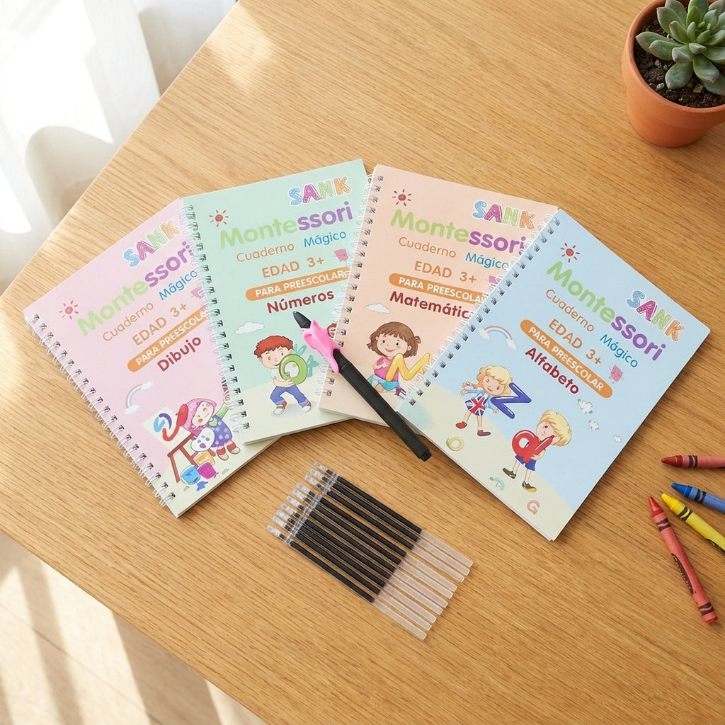 Kit de caligrafía Montessori: cuatro cuadernos, bolígrafo y minas