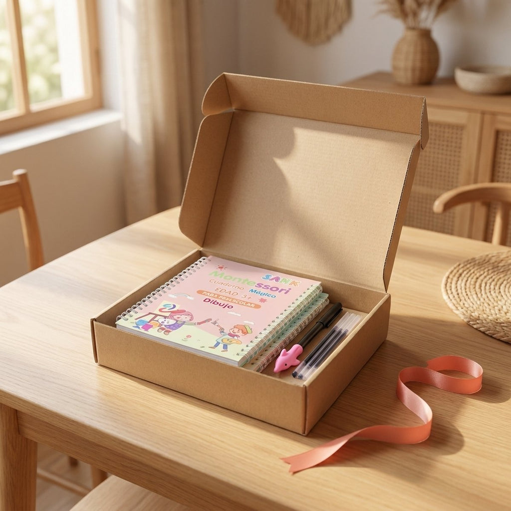 La caja abierta con los cuadernos, lista para regalar